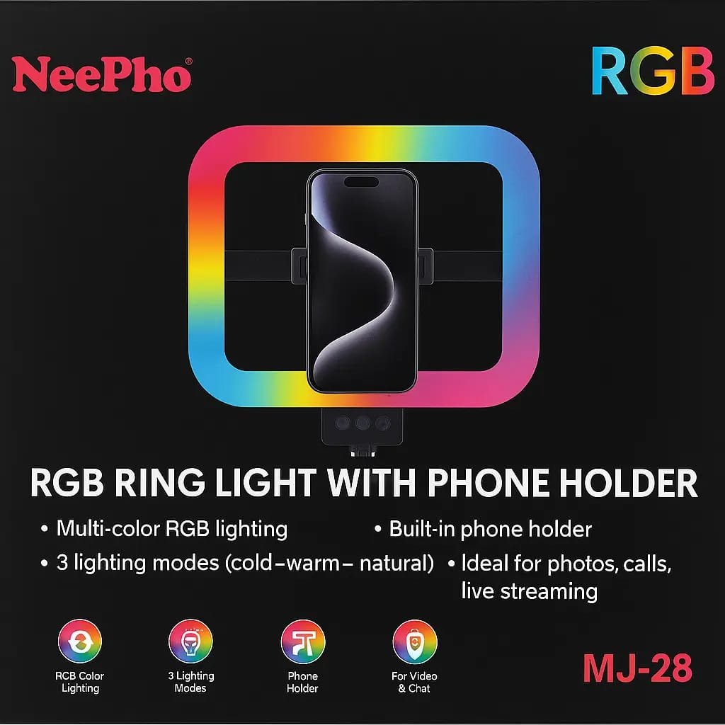 NeePho MJ-28 RGB Ring Light | 28cm Square Ring Light with Built-in Phone Holder | 16 RGB Colors + 3 Light Modes | For TikTok, Selfies, Live Stream tripod is not included. 